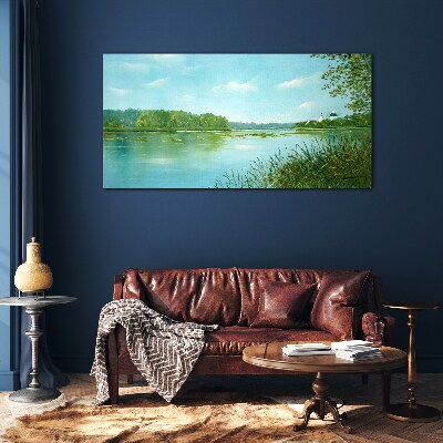 Glasbild Eine friedliche Landschaft am Wasser
