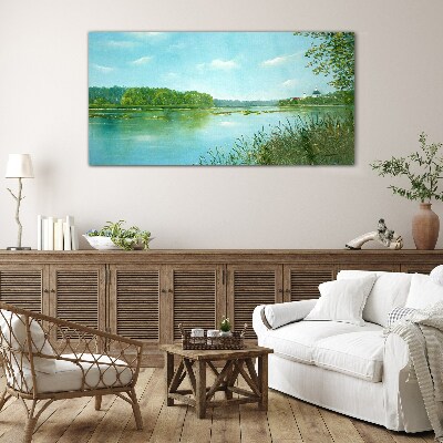 Glasbild Eine friedliche Landschaft am Wasser