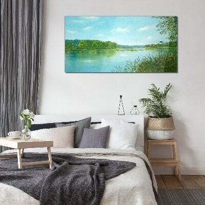 Glasbild Eine friedliche Landschaft am Wasser