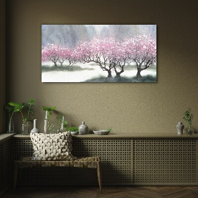 Glasbild Blühende Bäume im Frühlingsdunst