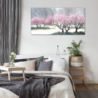 Glasbild Blühende Bäume im Frühlingsdunst