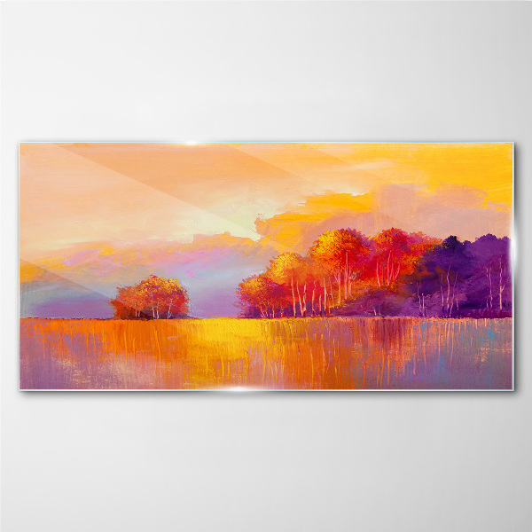 Glasbild Farbenprächtiger Sonnenuntergang über der Wiese