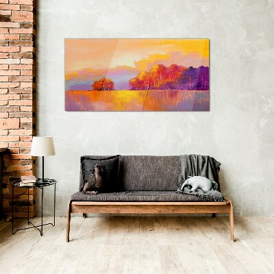 Glasbild Farbenprächtiger Sonnenuntergang über der Wiese