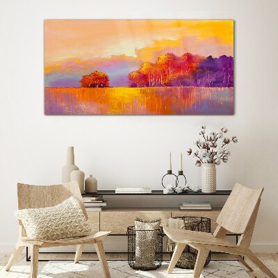 Glasbild Farbenprächtiger Sonnenuntergang über der Wiese