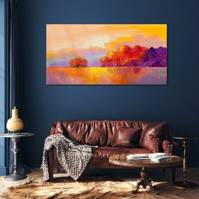Glasbild Farbenprächtiger Sonnenuntergang über der Wiese