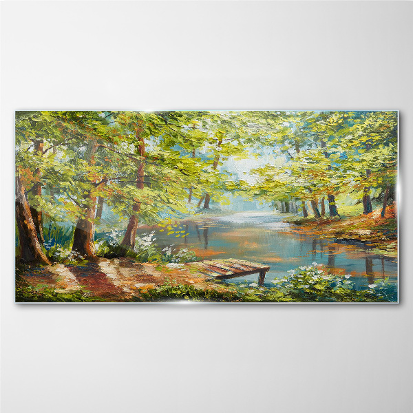 Glasbild Eine friedliche Waldlandschaft am See
