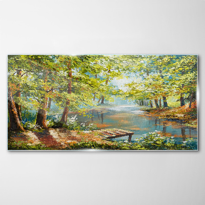 Glasbild Eine friedliche Waldlandschaft am See