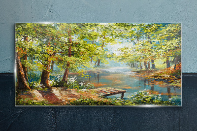 Glasbild Eine friedliche Waldlandschaft am See