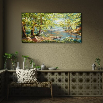 Glasbild Eine friedliche Waldlandschaft am See