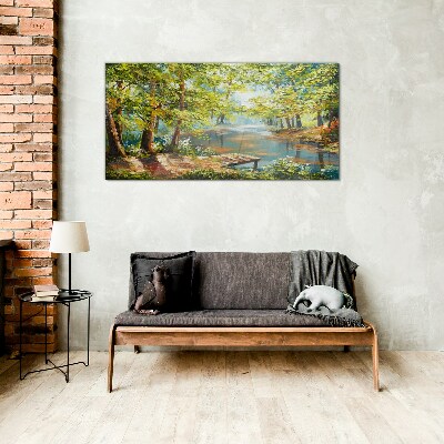 Glasbild Eine friedliche Waldlandschaft am See