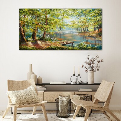 Glasbild Eine friedliche Waldlandschaft am See