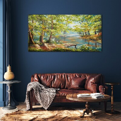 Glasbild Eine friedliche Waldlandschaft am See