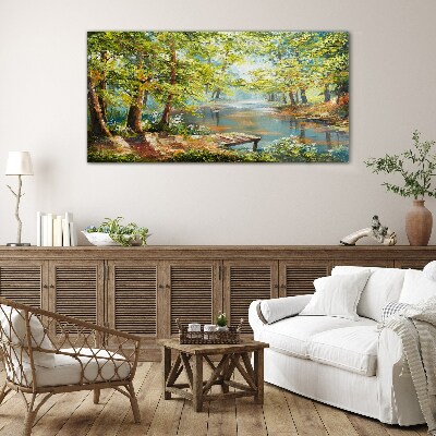 Glasbild Eine friedliche Waldlandschaft am See