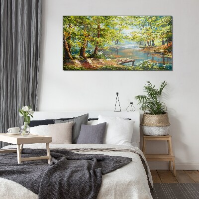 Glasbild Eine friedliche Waldlandschaft am See