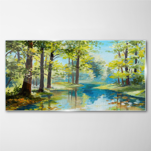 Glasbild Eine friedliche Waldlandschaft am Wasser