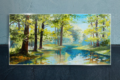 Glasbild Eine friedliche Waldlandschaft am Wasser