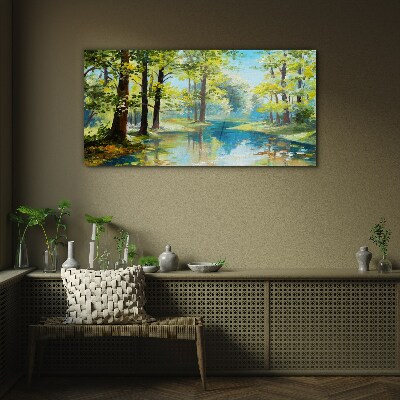 Glasbild Eine friedliche Waldlandschaft am Wasser