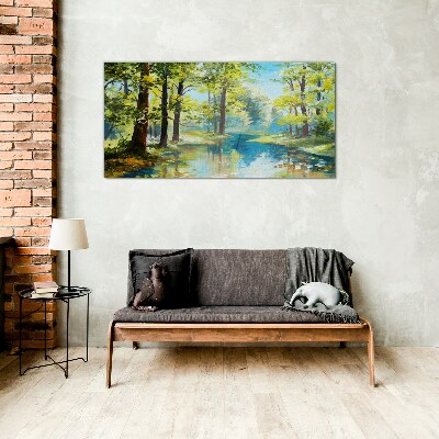 Glasbild Eine friedliche Waldlandschaft am Wasser