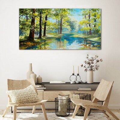Glasbild Eine friedliche Waldlandschaft am Wasser