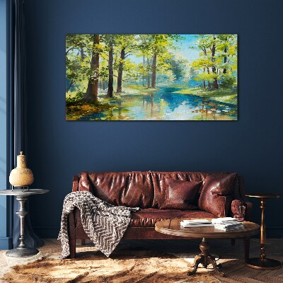 Glasbild Eine friedliche Waldlandschaft am Wasser