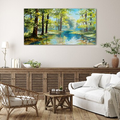 Glasbild Eine friedliche Waldlandschaft am Wasser