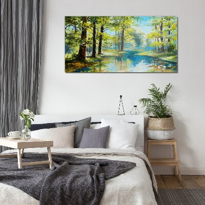 Glasbild Eine friedliche Waldlandschaft am Wasser