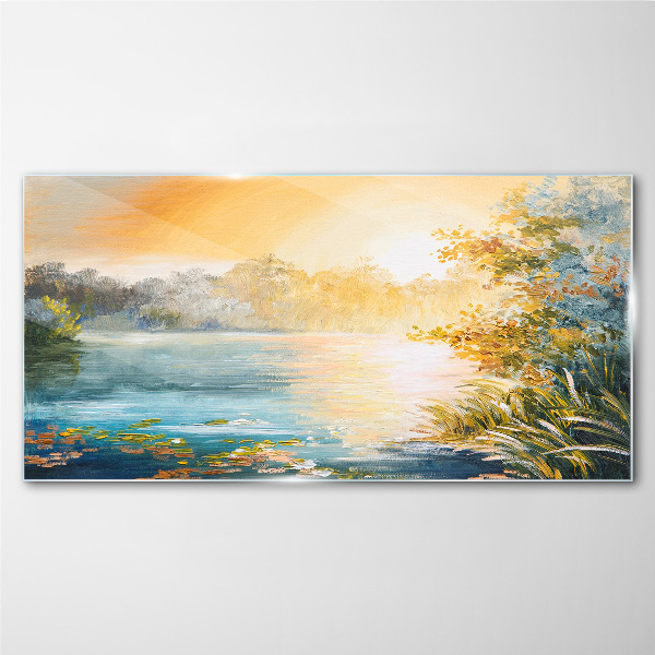 Glasbild Morgenstille am Fluss