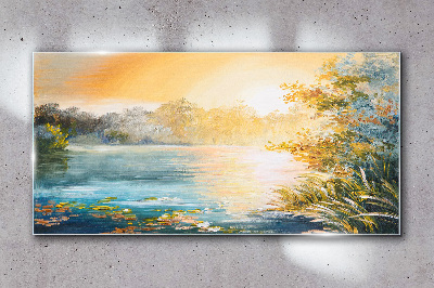 Glasbild Morgenstille am Fluss