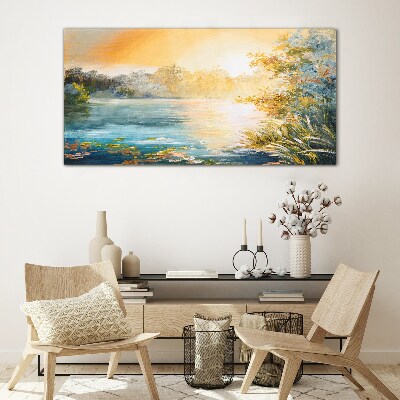 Glasbild Morgenstille am Fluss