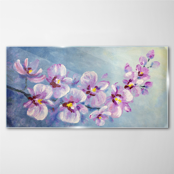 Glasbild Blumenorchideen auf blauem Hintergrund