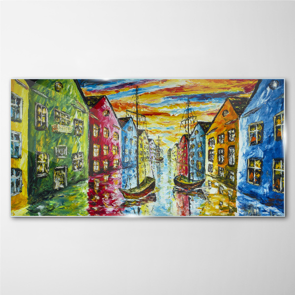 Glasbild Bunte Stadthäuser am Fluss