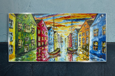 Glasbild Bunte Stadthäuser am Fluss