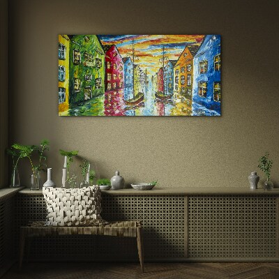 Glasbild Bunte Stadthäuser am Fluss