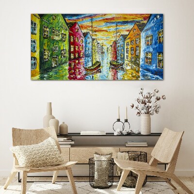 Glasbild Bunte Stadthäuser am Fluss