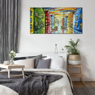Glasbild Bunte Stadthäuser am Fluss