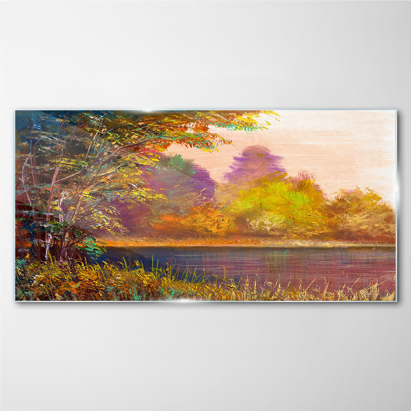 Glasbild Herbstfarben am See