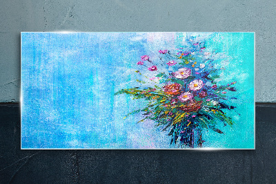 Glasbild Blumenkomposition auf blauem Hintergrund