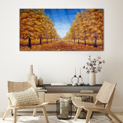 Glasbild Goldene Alleen in der Herbstlandschaft