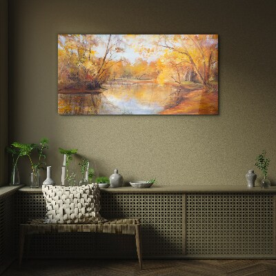 Glasbild Wald Fluss Natur Herbst