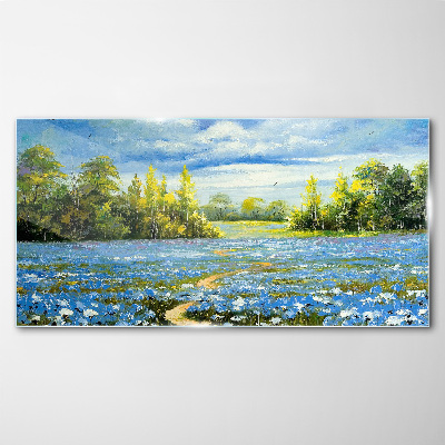 Bild auf glas Frühlingslandschaft mit blauen Blumen