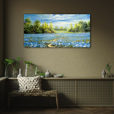 Bild auf glas Frühlingslandschaft mit blauen Blumen