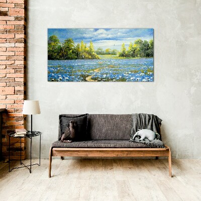 Bild auf glas Frühlingslandschaft mit blauen Blumen