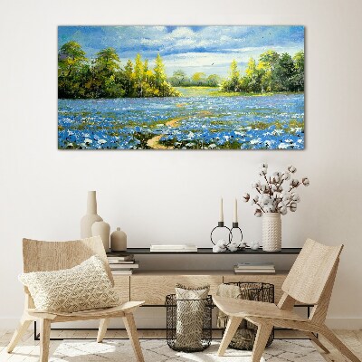 Bild auf glas Frühlingslandschaft mit blauen Blumen