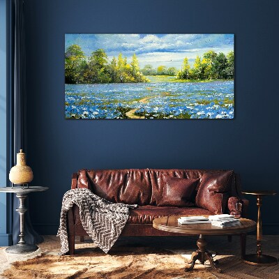 Bild auf glas Frühlingslandschaft mit blauen Blumen