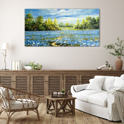 Bild auf glas Frühlingslandschaft mit blauen Blumen