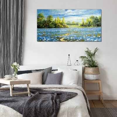 Bild auf glas Frühlingslandschaft mit blauen Blumen