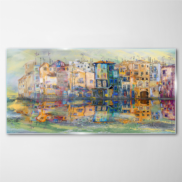 Glasbild Eine bunte Stadt am Wasser