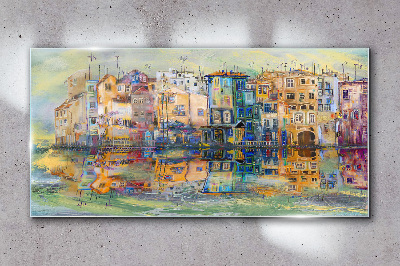 Glasbild Eine bunte Stadt am Wasser