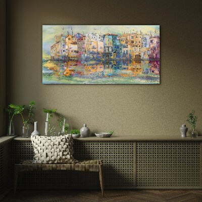 Glasbild Eine bunte Stadt am Wasser