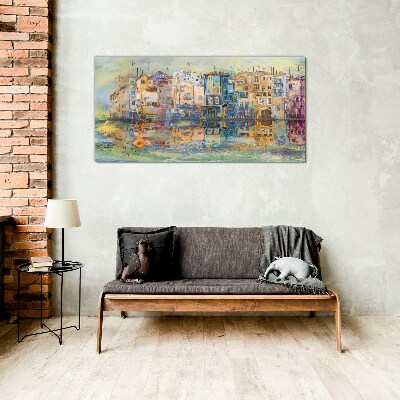 Glasbild Eine bunte Stadt am Wasser